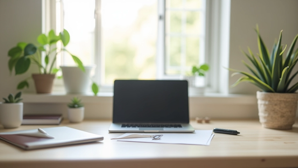 Clean desk with laptop, single coffee cup, and minimal decorative items, workspace setup with clear surfaces