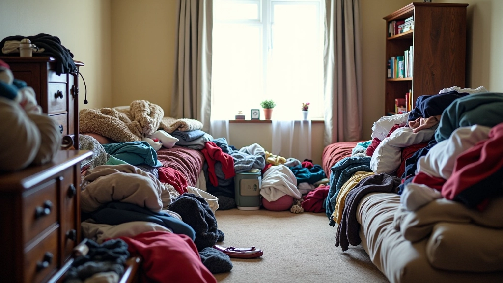 Cluttered bedroom with stacks of clothes, papers, and items on surfaces, dim lighting, showing visual overwhelm and disorganization