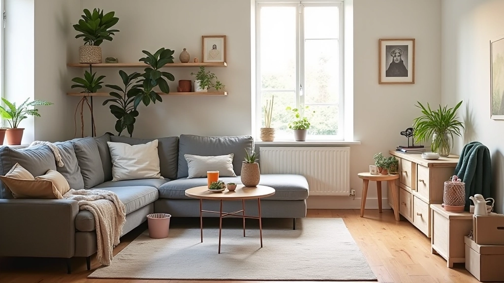 Cluttered living space transitioning to organized minimalist room showing the impact of decluttering