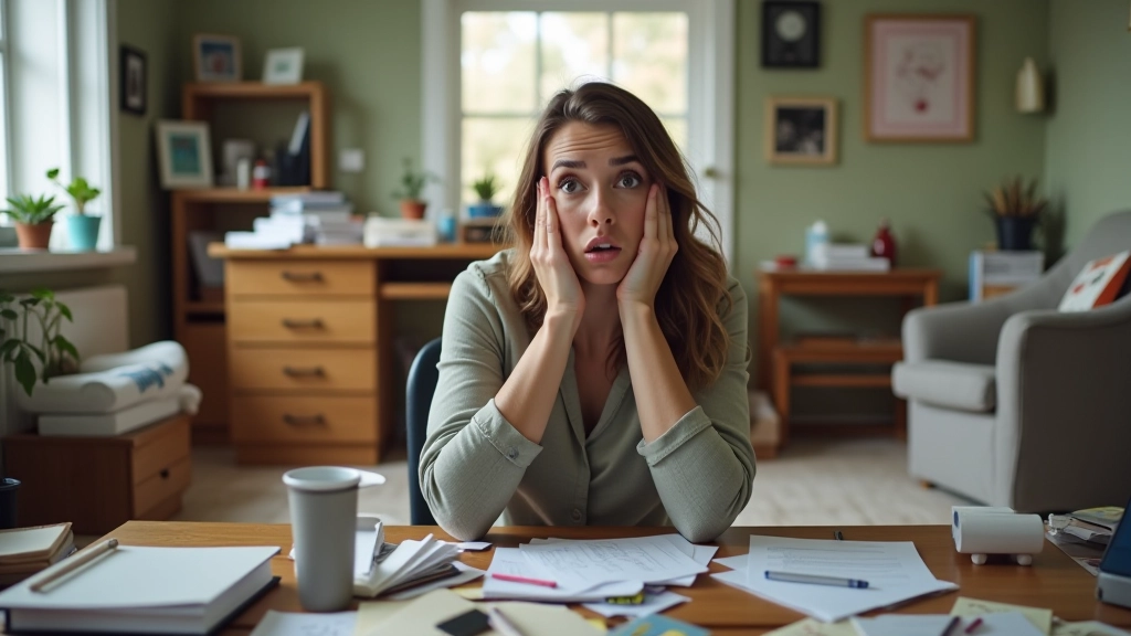 Cluttered room with scattered items on desk and floor, person looking overwhelmed, disorganized home environment