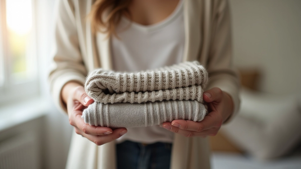 Close-up of hands holding a folded sweater, deciding whether to keep or donate, soft natural light from window, minimalist bedroom background