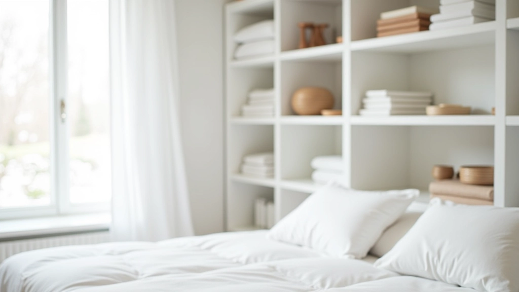 Calm minimalist bedroom with organized shelving and natural light streaming through window, peaceful Irish home interior