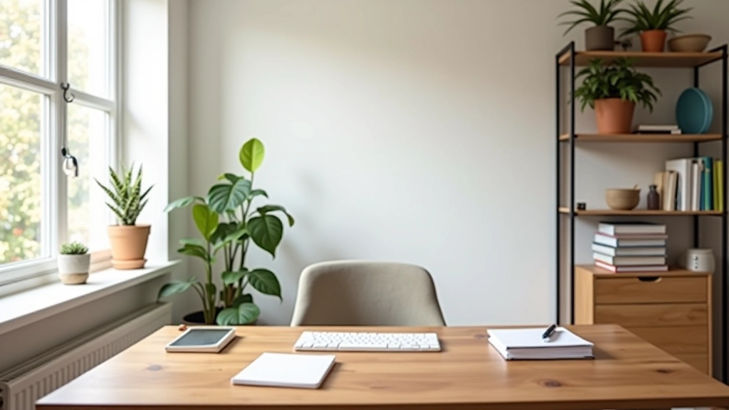 Organized home office with desk, shelving, plants and natural light, calm productive workspace showing decluttering results