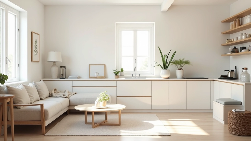 Neat and organized home interior with decluttered surfaces, minimalist aesthetic, natural light streaming through windows