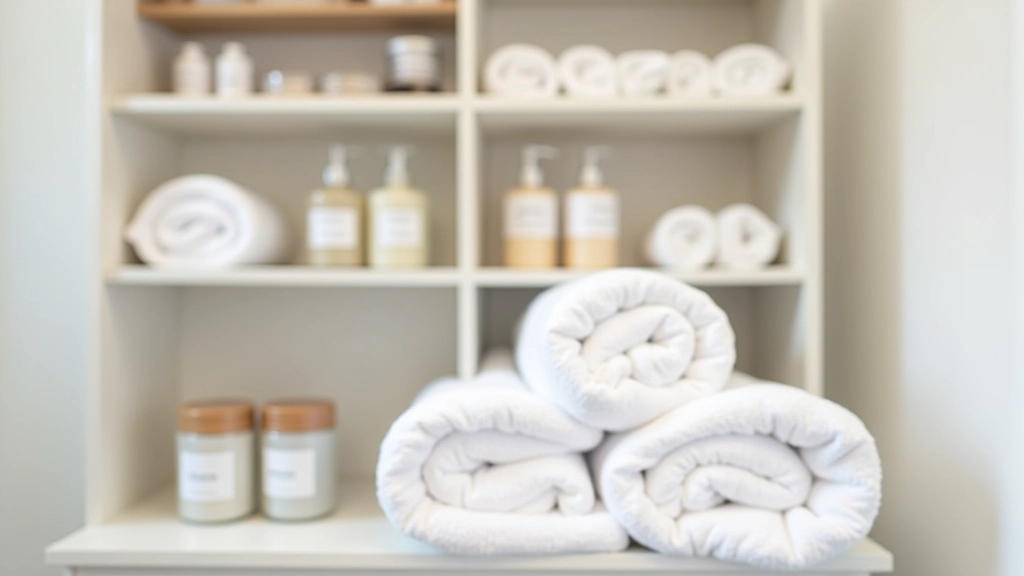 Organized bathroom shelves with folded towels, clear labeled containers, and minimal products arranged neatly