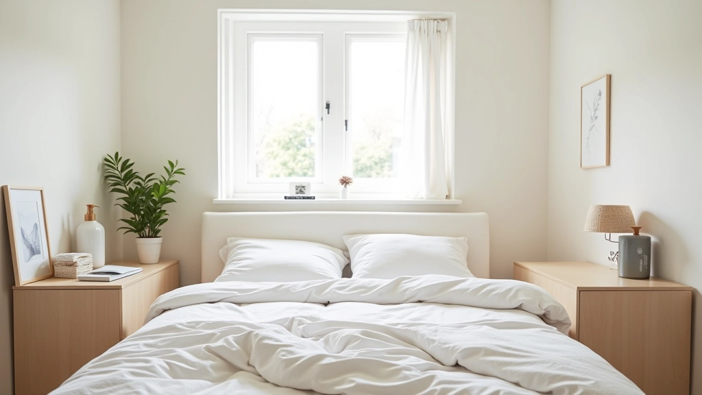 Organized bedroom with minimalist furniture, clean surfaces, natural light from window, peaceful bedroom environment