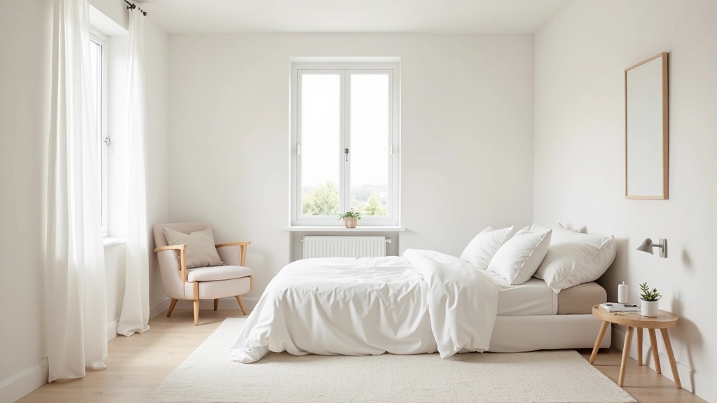 Organized bedroom with minimal furniture and clear surfaces, clean modern aesthetic, calm bedroom space