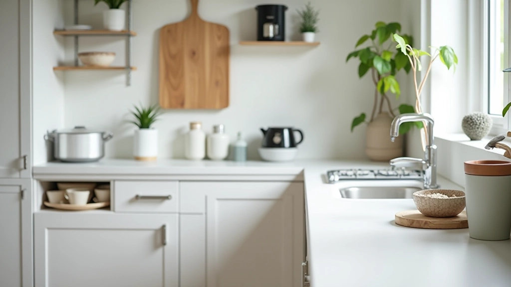 Organized kitchen with clean counters and put-away items, tidy space, daily maintenance