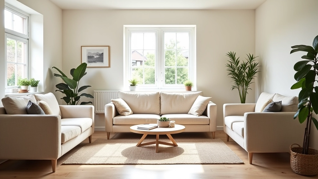 Organized living room with minimal furniture and clear surfaces, bright natural light from windows