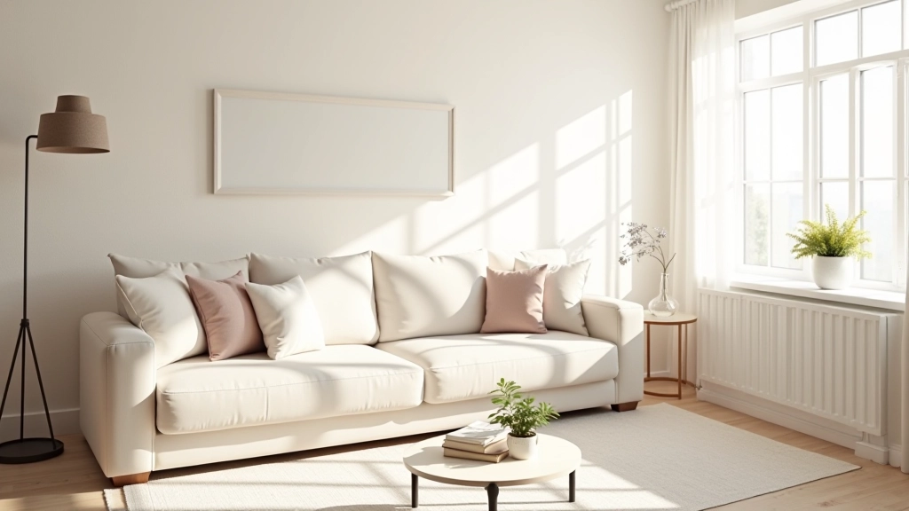 Organized minimalist living room with clear surfaces and calm neutral colors, natural window light, peaceful home environment