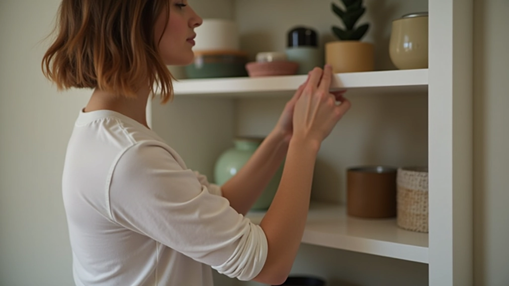 Person doing small tidying task, organizing items on shelf, daily maintenance in home