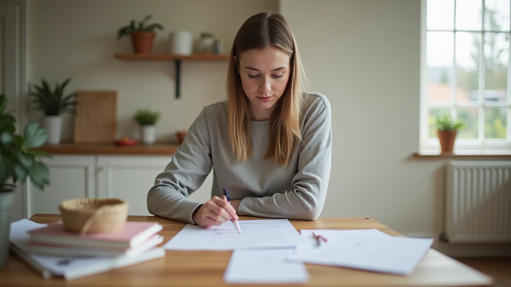 Person evaluating items on table, thoughtful decision-making, natural home setting