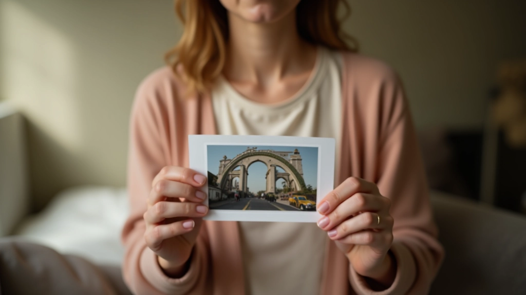 Person holding photograph of sentimental item, warm soft lighting, comfortable home environment, mindful moment of remembrance