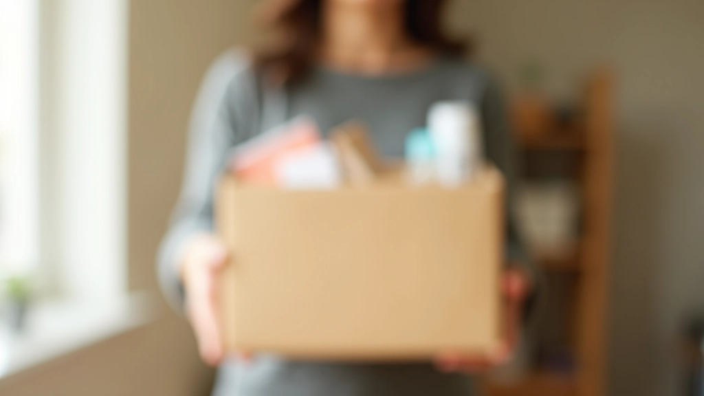 Person holding donation box with items, bright home setting, intentional decision-making