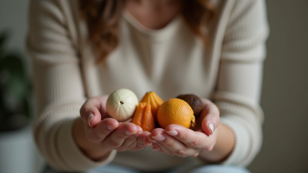Person holding objects and making a decision, contemplative moment, hands with different items