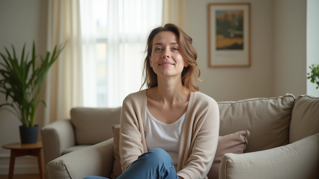 Person sitting on couch in organized minimalist living space, peaceful expression, natural daylight, calm home environment