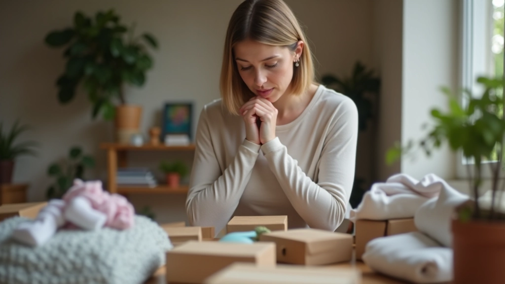 Person thoughtfully examining items, sorting objects into keep and donate piles with reflection and mindfulness