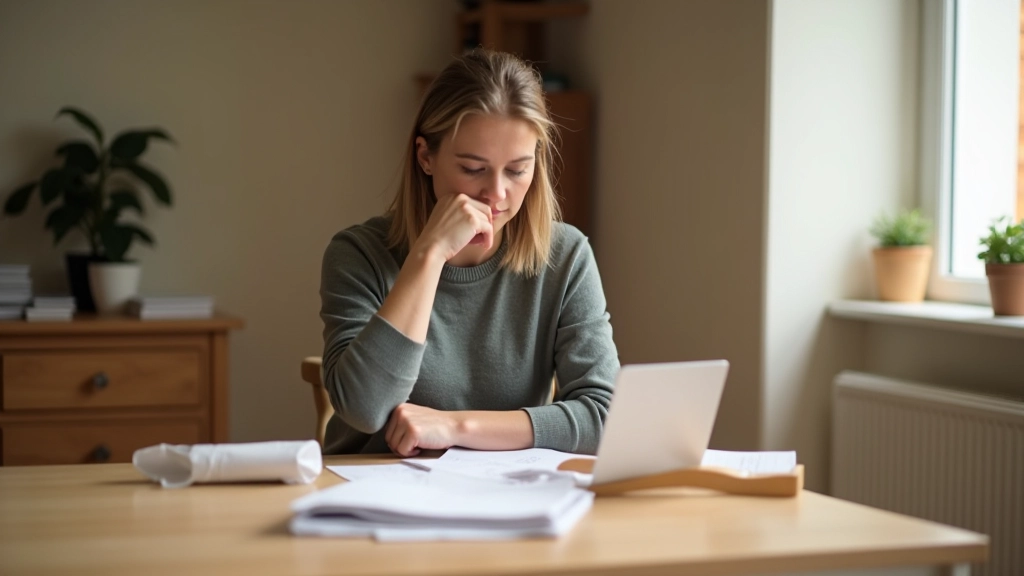 Person thoughtfully examining items on a table during decluttering process, wooden furniture and natural lighting, organized home environment