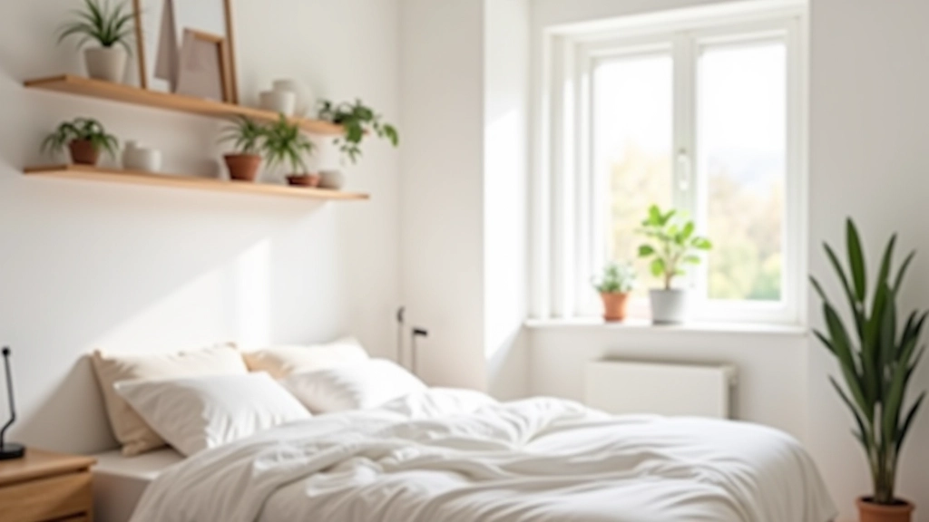 Minimalist bedroom with natural light, organized shelves, and calm aesthetic in a modern Irish apartment