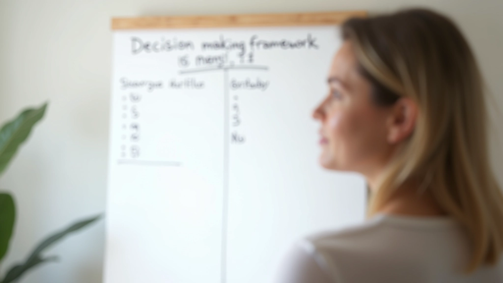 Decision-making framework written on whiteboard with checkmarks, woman pointing at criteria list, bright studio lighting, organizational planning