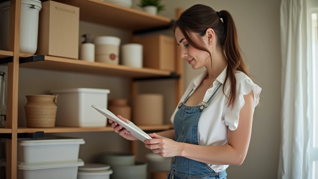 Person organizing items on a wooden shelf, returning objects to their designated places, warm natural lighting