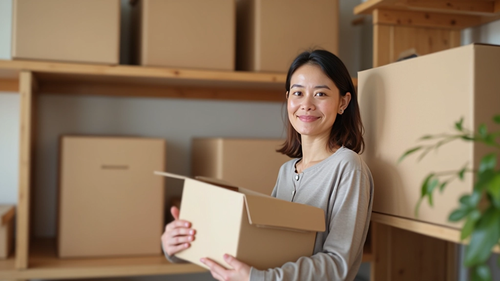 Woman organizing shelves with storage boxes and labeled containers, focused expression, bright organized space